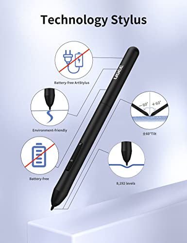 Ugee Drawing Tablet 6.5x4 Inches Computer Graphics Tablets with 10 Hot Keys，Digital Tablet Battery-Free Stylus 8192 Pressure Sensitivity