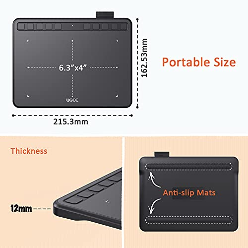 Ugee Drawing Tablet 6.5x4 Inches Computer Graphics Tablets with 10 Hot Keys，Digital Tablet Battery-Free Stylus 8192 Pressure Sensitivity