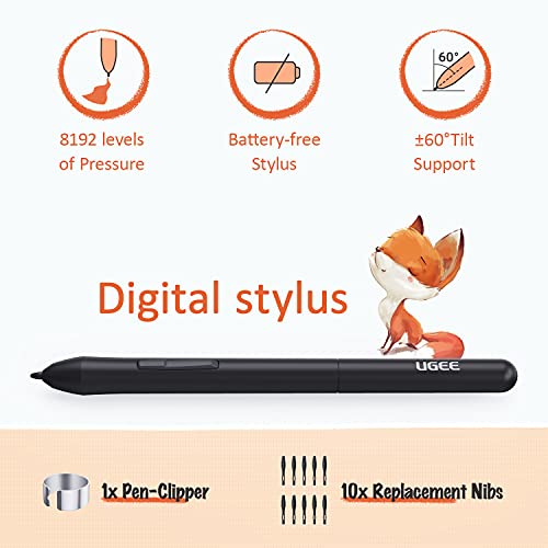 Ugee Drawing Tablet 6.5x4 Inches Computer Graphics Tablets with 10 Hot Keys，Digital Tablet Battery-Free Stylus 8192 Pressure Sensitivity