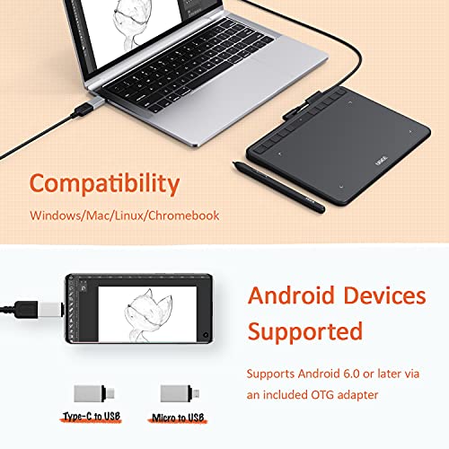 Ugee Drawing Tablet 6.5x4 Inches Computer Graphics Tablets with 10 Hot Keys，Digital Tablet Battery-Free Stylus 8192 Pressure Sensitivity